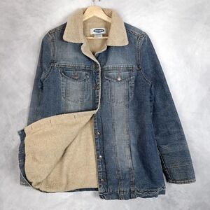 Vintage Old Navy Jacket Womens Medium Blue Sherpa Lined Denim Trucker 2002 Y2K